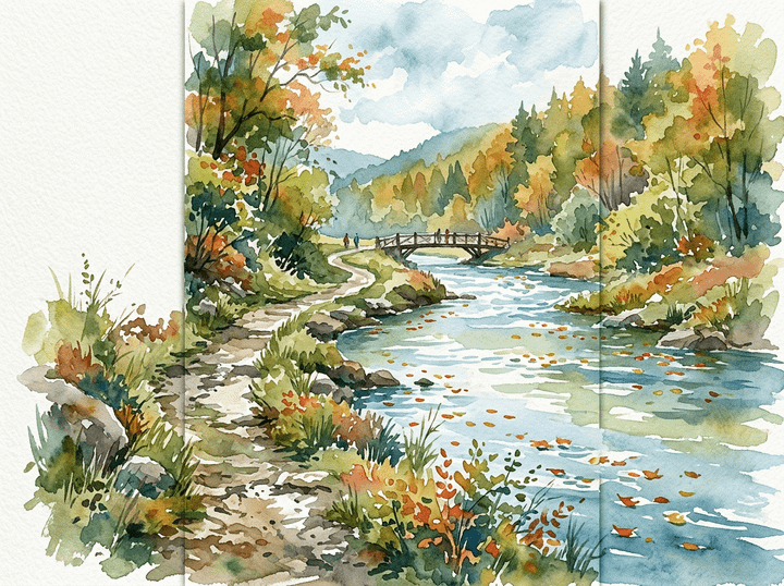 Watercolor autumn river landscape with footbridge and mountain trail