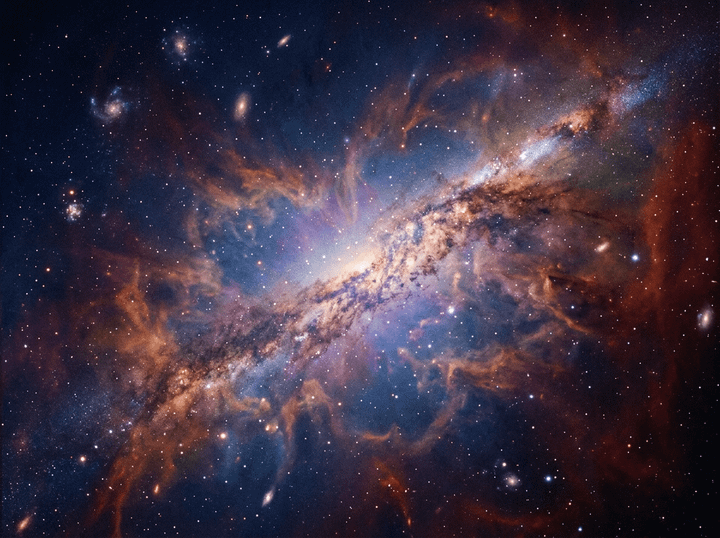 Colorful galaxy core surrounded by stars and swirling cosmic dust