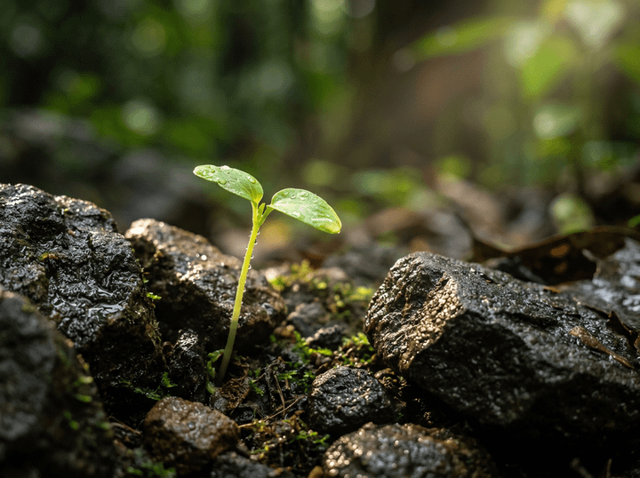 Small green seedling with water droplets growing among wet rocks