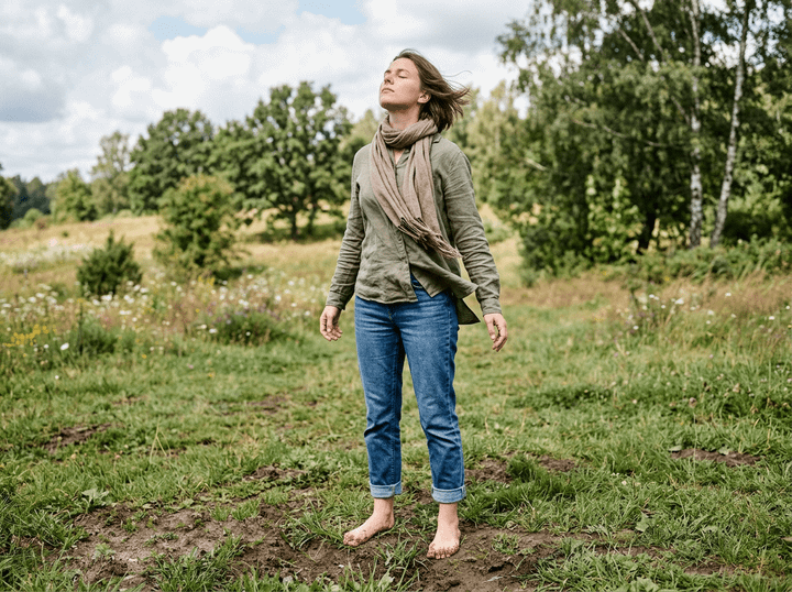 Woman standing barefoot in a meadow with eyes closed and windblown hair