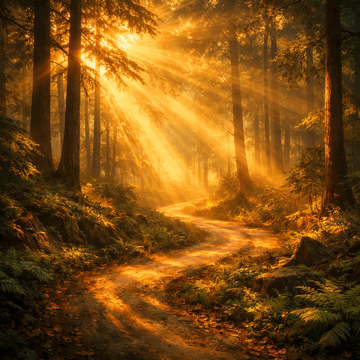 Winding dirt forest path with sunlight filtering through tall trees