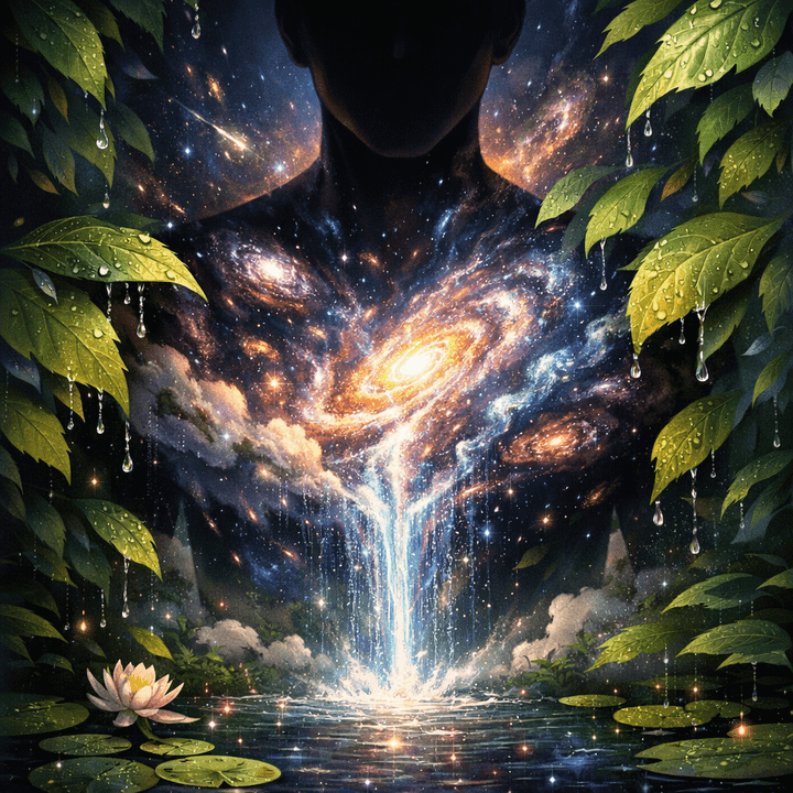 Silhouetted figure with galaxies forming a waterfall into a water pond surrounded by green leaves and lily pads