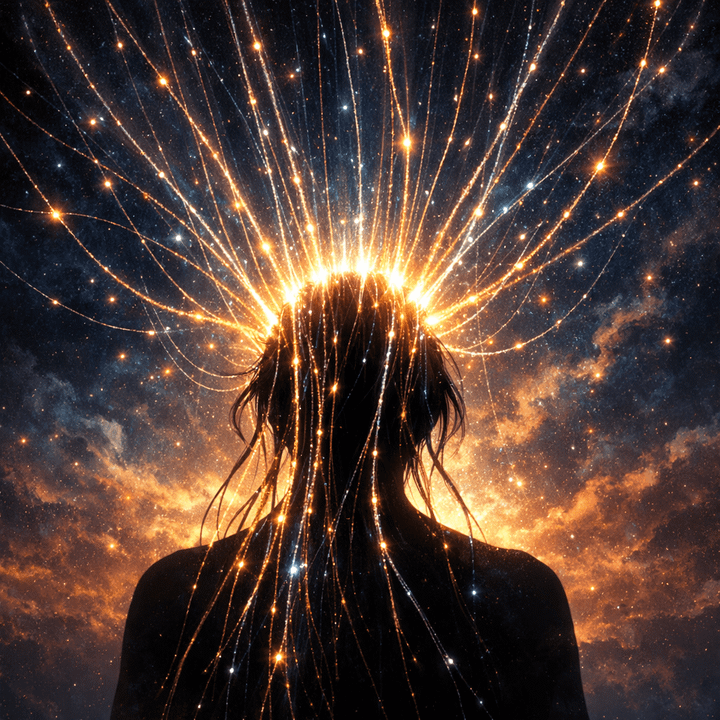 Silhouette of a person with glowing cosmic light and energy beams radiating outward from the head