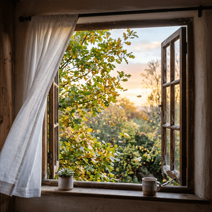 Open wooden window with white curtain overlooking colorful autumn trees and sunset sky