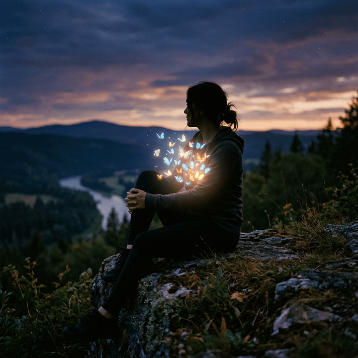 Person sitting on a rock at sunset with glowing butterflies around them