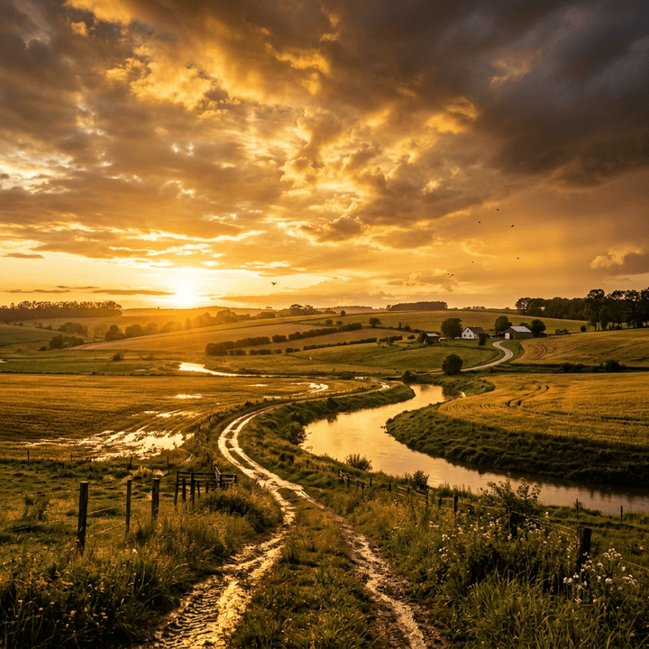 Winding river passing through fields with sunset and cloudy sky