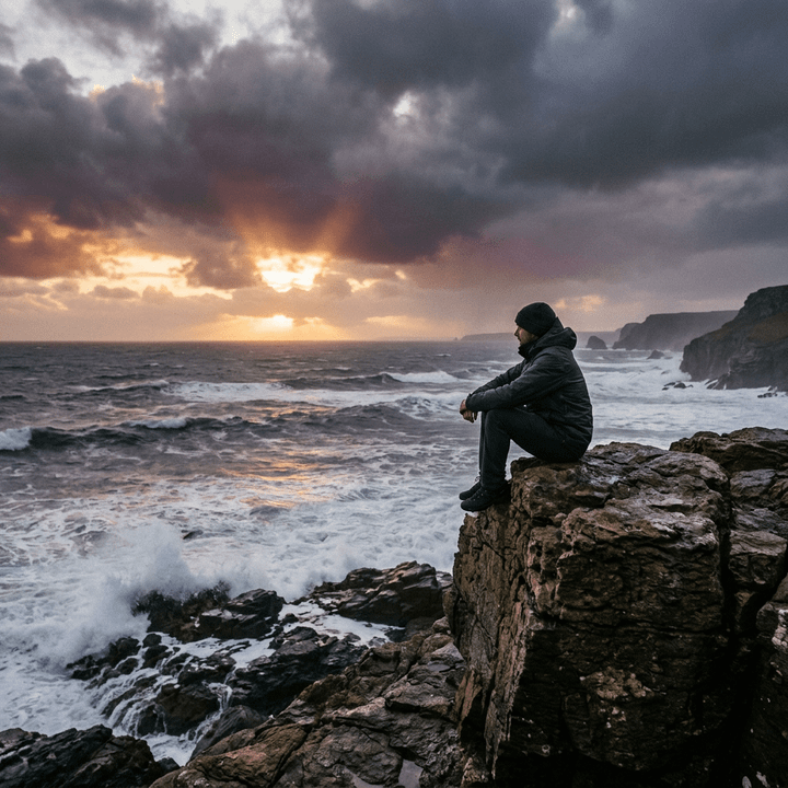 Person sitting on rocky cliff looking at sunset over rough ocean waters