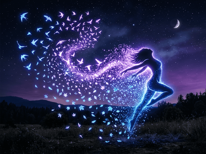 Silhouette of glowing figure transforming into flying birds and falling leaves under moonlight