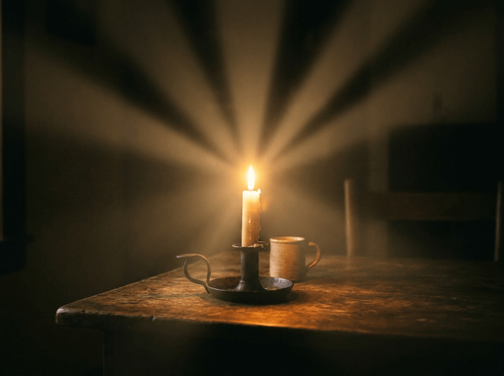 Lit candle in a black metal holder on a wooden table with a ceramic mug
