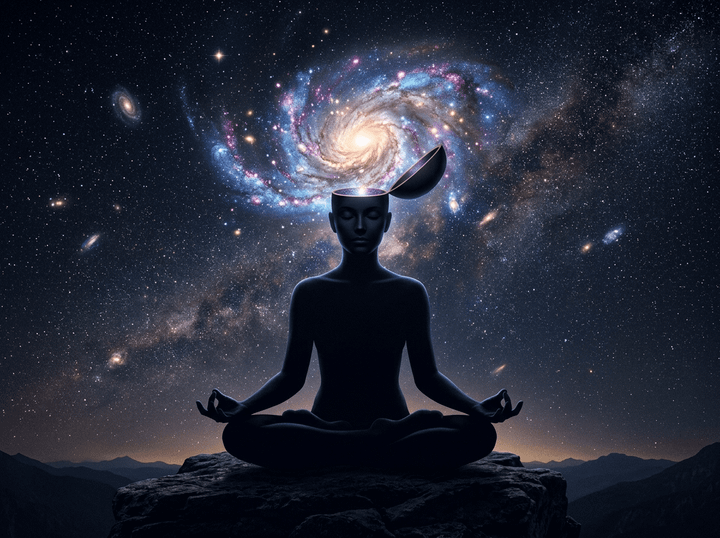 Silhouette meditating with an open head revealing a glowing galaxy inside against a starry night sky