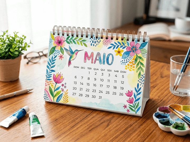 Desk calendar for July with watercolor floral decorations and a hummingbird illustration