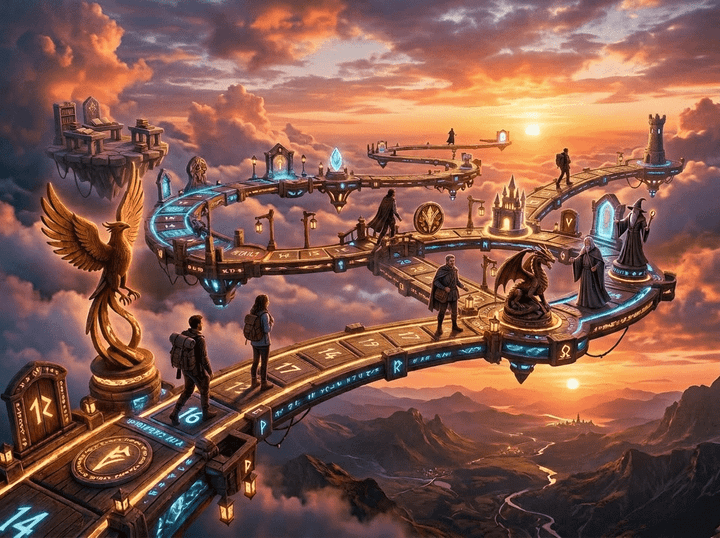 A fantasy board game path floating above clouds with adventurers walking toward a wizard figure