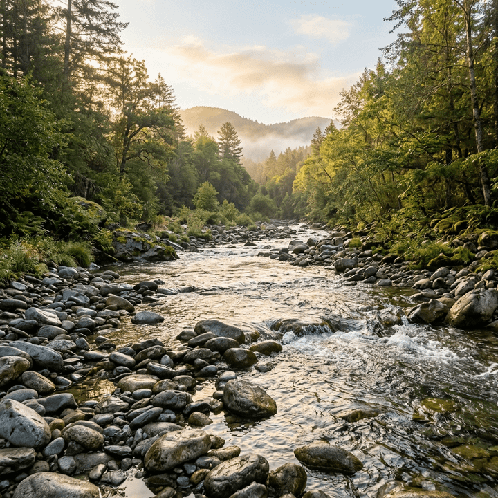 Rocky river flowing through green forested landscape with mountains and mist