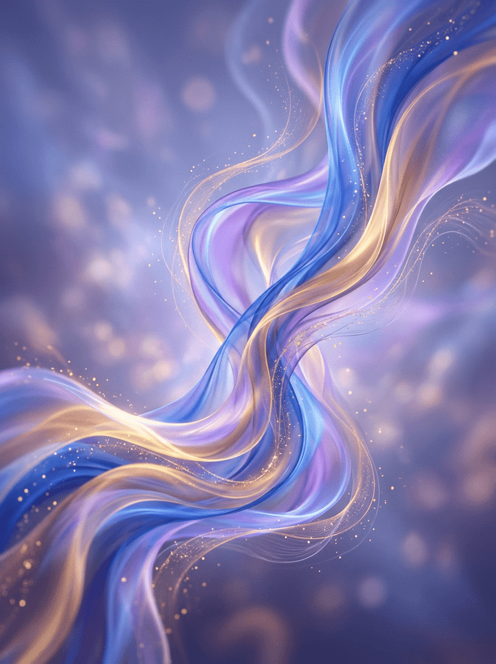 Abstract swirling ribbons in blue, purple, and gold tones with sparkles