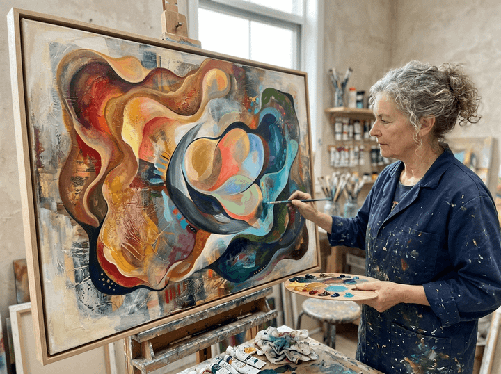 Abstract painting with swirling shapes in red, orange, blue, green, and yellow hues