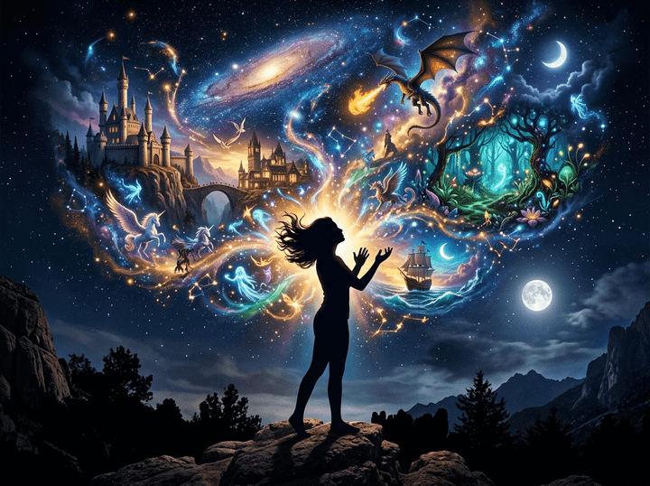 Silhouette of a person with colorful fantasy elements like castles, dragons, and mythical creatures emerging from them agains