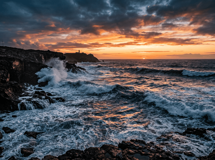 Rough ocean waves hitting rocky coastline with lighthouse silhouette at sunset