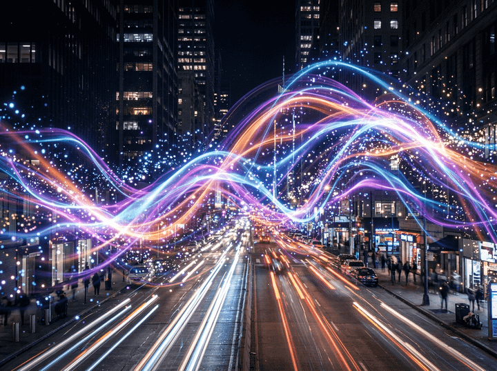 Colorful waves of light in blue, purple, and orange with sparkling particles