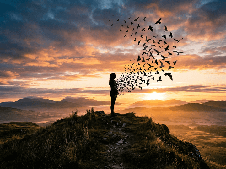 Silhouette of a person standing on a hill with birds flying out from their body at sunset