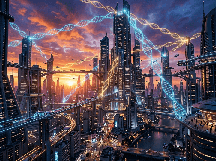 Futuristic city with skyscrapers connected by glowing light beams and flying vehicles during sunset