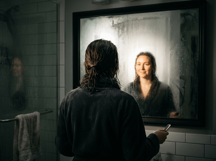 Woman in bathrobe holding a comb looking at foggy bathroom mirror