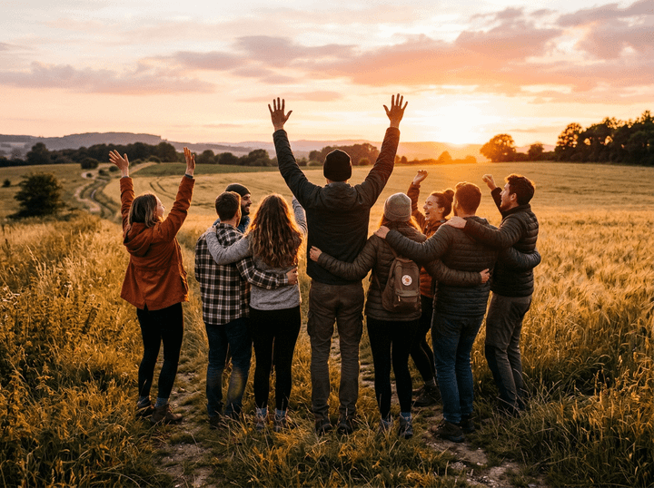 Group of eight people standing in a field with arms raised watching sunset