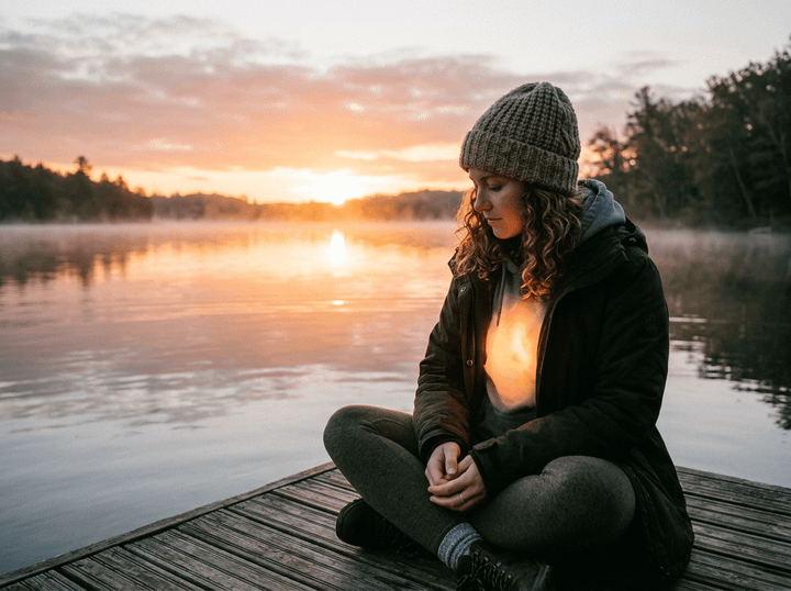 Woman sitting cross-legged on wooden dock near lake at sunrise, wearing hat and coat