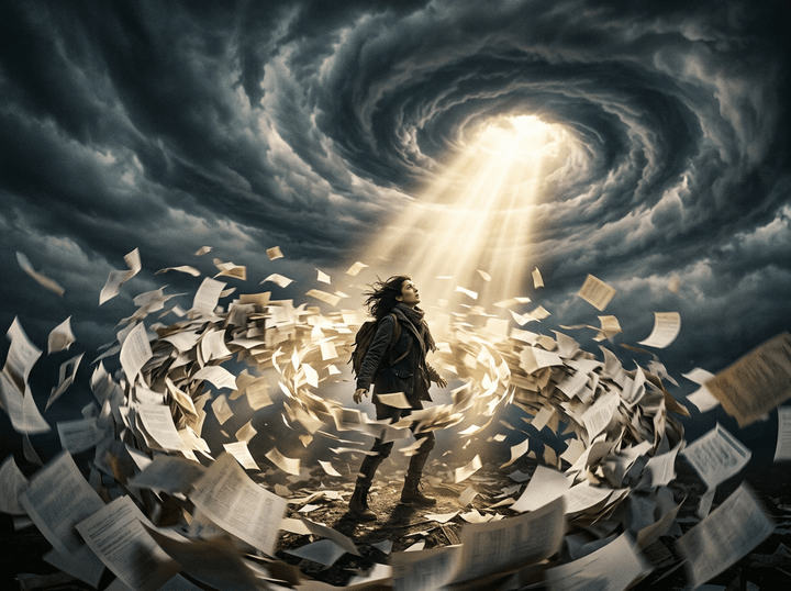 Woman standing surrounded by swirling papers and light beams under a storm vortex