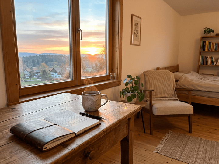 Wooden table with an open journal, pen, and steaming mug by a window with sunrise