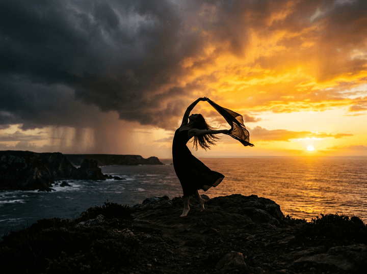 Silhouette of a woman dancing on a rocky cliff at sunset with dramatic clouds and ocean in the background