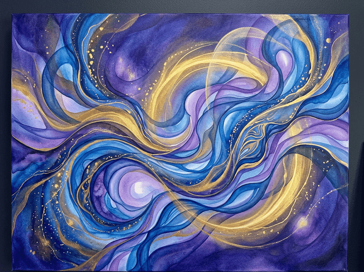 Abstract swirling blue, purple, and gold shapes in fluid patterns