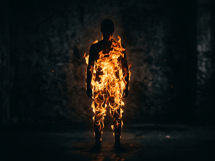 Silhouette of a person entirely surrounded by bright orange flames.