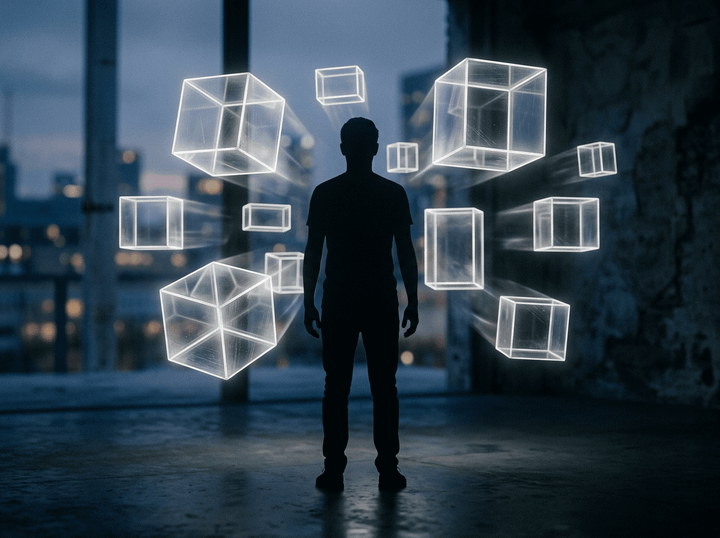 Silhouette of a person with glowing 3D cubes floating around them