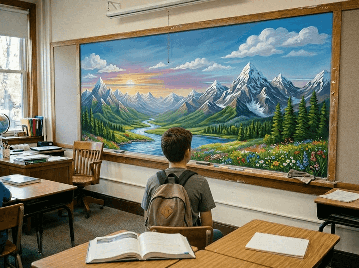 Students writing in notebooks with a detailed chalkboard drawing of mountains and a river