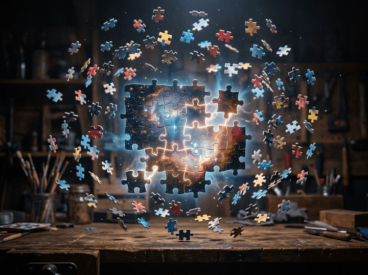 Puzzle pieces assembling to form a glowing galaxy scene floating in midair
