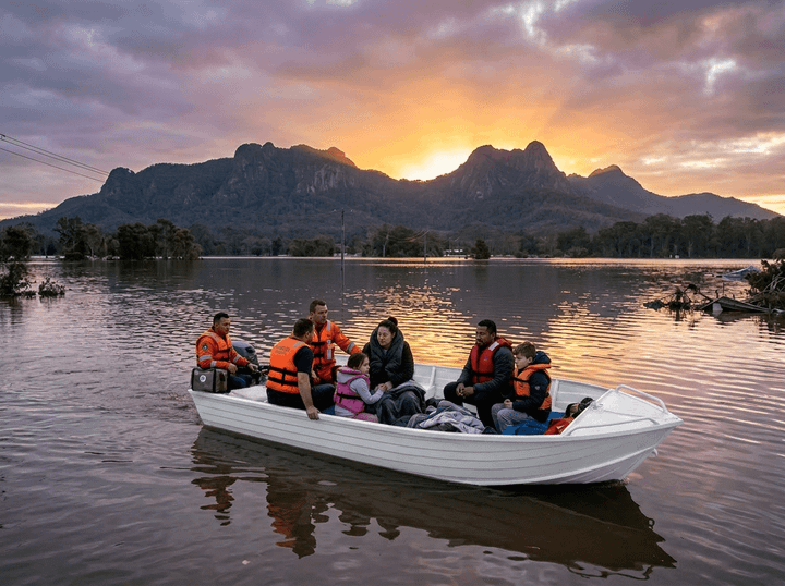 Rescue boat with workers and evacuees on flooded water at sunset