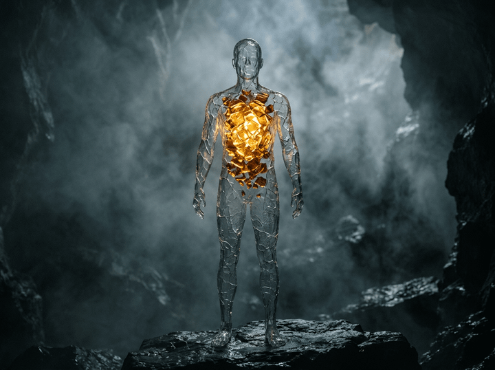 Translucent humanoid figure with glowing golden core inside standing on rocky surface in a dark cave