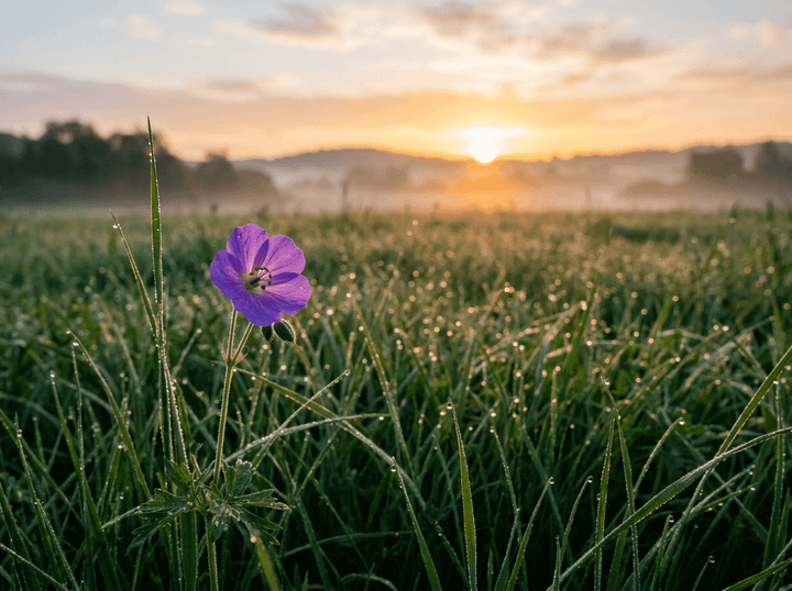 Purple wildflower in dew-covered grass with sunrise in background