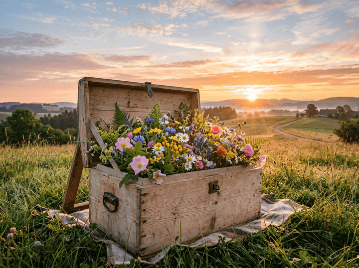 Wooden chest overflowing with vibrant wildflowers in a grassy field at sunrise