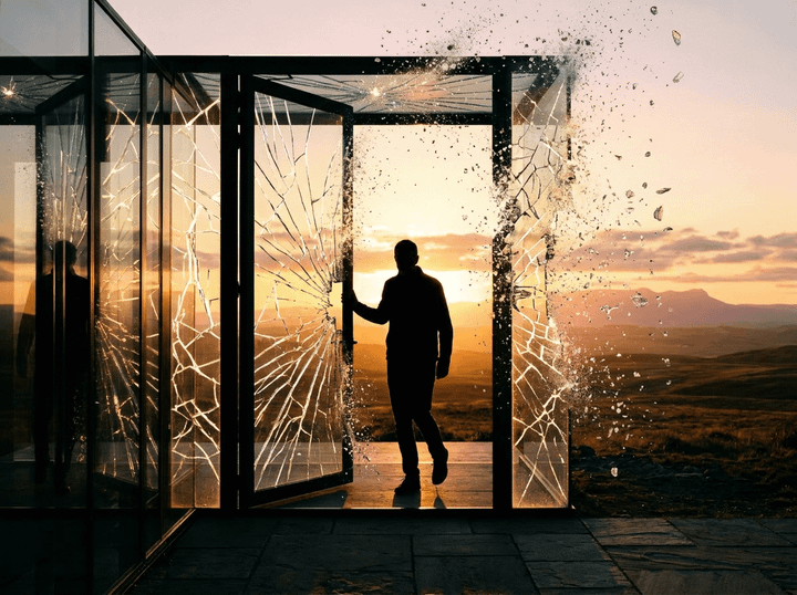 Silhouette of person opening glass door with sunset landscape background