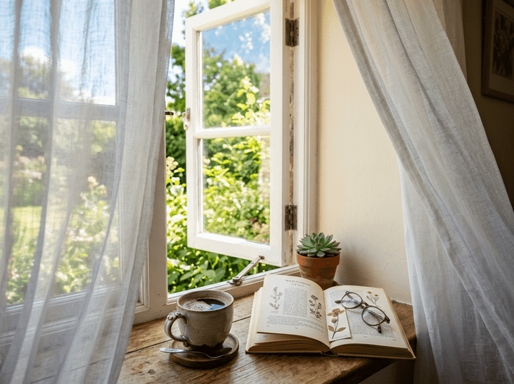 Open book with botanical illustrations, coffee cup, eyeglasses on wooden windowsill by open window