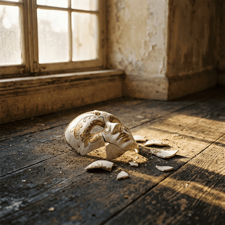 Shattered ornate Venetian mask with gold details on weathered wooden floor