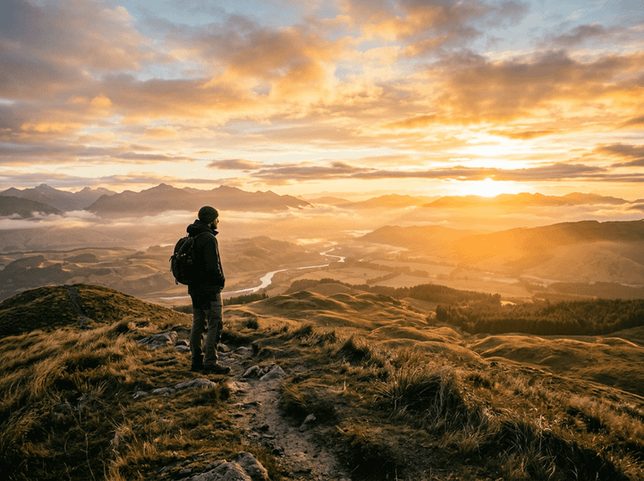 Hiker standing on a trail looking at a sunrise over rolling hills, a river, and mountains