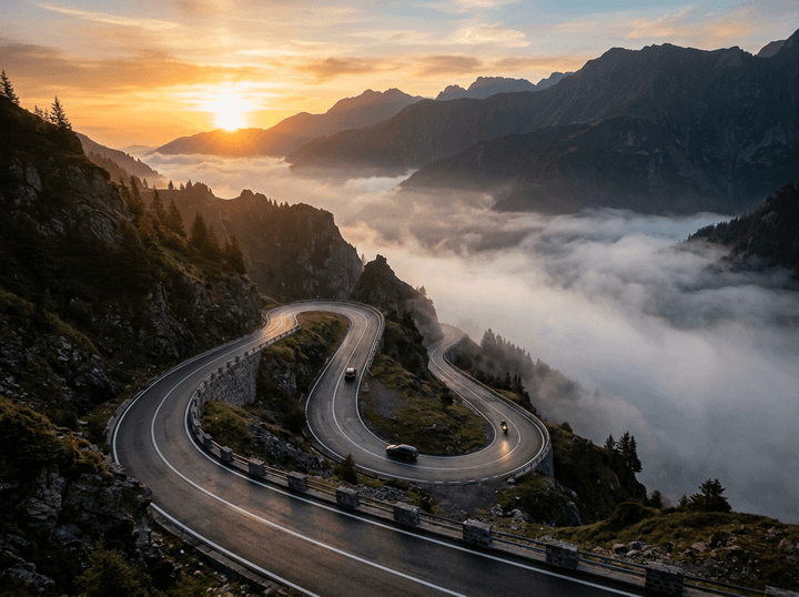 Curvy mountain road in dawn light with fog and distant peaks