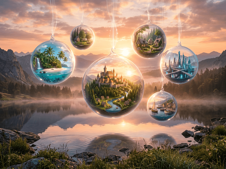 Glass spheres hanging above a lake, each containing detailed miniature scenes like castles, tropical beach, village cottages,
