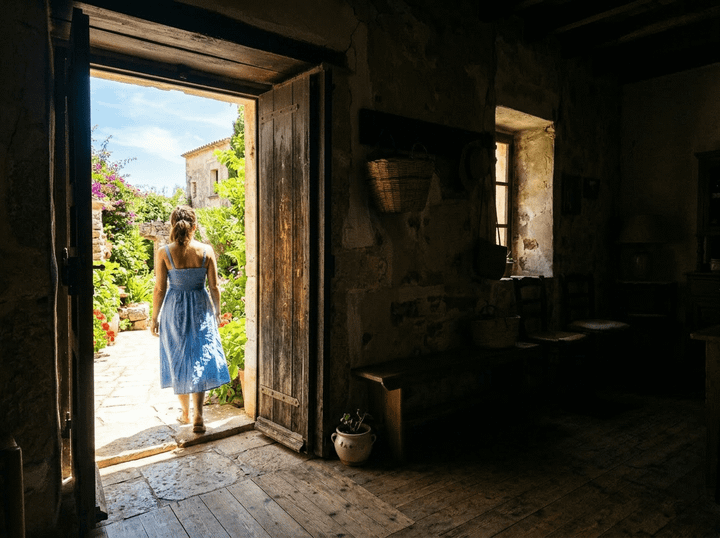 Woman walking through garden path from open wooden door of rustic stone house