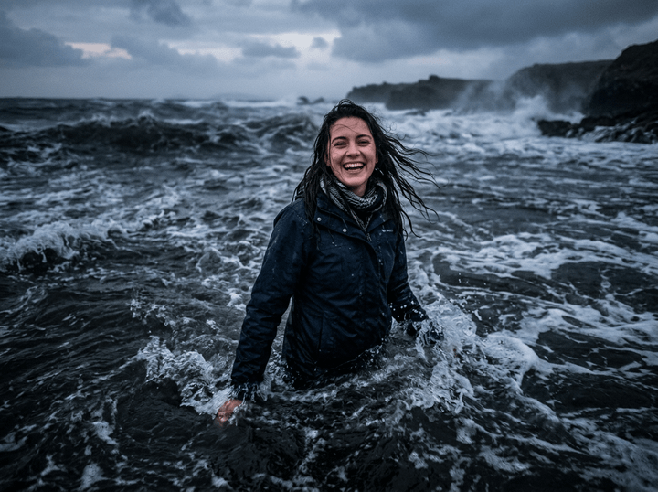 Woman in dark jacket standing waist-deep in rough ocean waves with cloudy sky