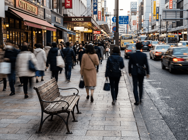 Crowded city sidewalk with pedestrians walking past shops and traffic on the road