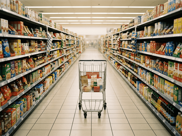 Shopping cart with groceries in the middle of supermarket aisle filled with various boxed and bottled products