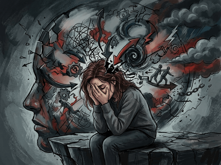 Person sitting with head in hands surrounded by chaotic thoughts of doubt, worry, fatigue, and overload